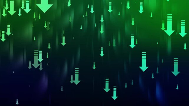 Abstract Downward Arrows Animation on Dark Background, Abstract background with multiple red downward arrows on a dark gradient backdrop