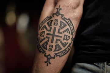 Intricate circular tattoo design on a forearm.