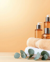 Cosmetic bottles and towels display