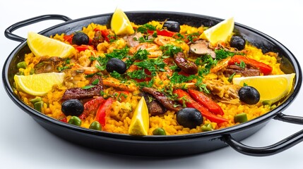 Delicious Seafood Paella Spanish Rice Dish with Lemon and Olives a vibrant culinary delight perfect for food blogs and restaurant menus