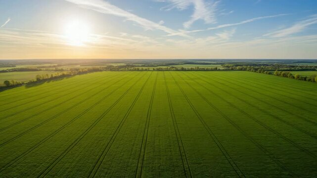 Vast green farmland under clear sky with straight crop rows &ndash; drone shot of agricultural landscape