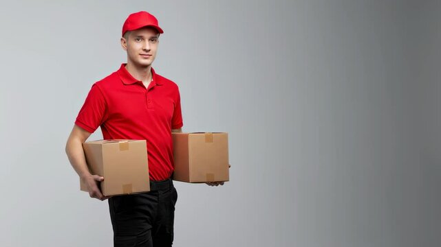 Man in red uniform holding cardboard boxes. Delivery service worker smiling. Fast shipping and cargo transportation. Courier with packages for distribution.