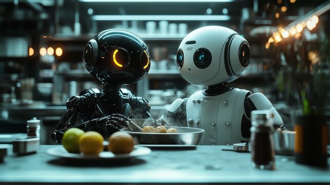 Alien Chef and Robot Sous-Chef Cooking Together in a High-Tech Kitchen