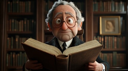 caricature of a judge with exaggerated features, holding up a giant law book