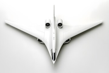 Aerial top view of a white futuristic airplane with four engines isolated on a white background