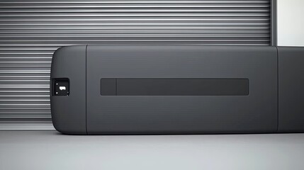 Fototapeta premium Sleek black device with garage background.