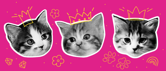 Royal family kittens contemporary collage. Halftone effect pets banner with naive doodle decoration.