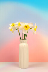 Beautiful flyer with daffodils on elegant bright background.Abstract floral arrangement for screen and design template. Spring greeting card, elegant natural beauty concept, gift for loved ones