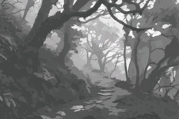 Fototapeta premium 21 fantasy forest path, overgrown trail, moss covered trees, magical woodland, sunbeams in foggy mist, whimsical landscape, cinematic lighting, detailed atmospheric environment, highly detailed, digit