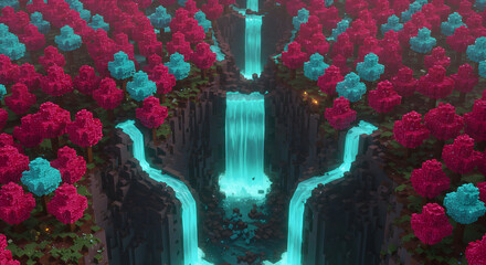 Voxelated Landscape Featuring Waterfalls and Vibrant Trees In a Game Style
