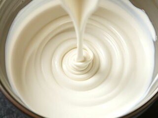 Creamy Culinary Creation: A cascade of rich, velvety cream elegantly swirls into a glass bowl, presenting a symphony of textures and flavors, ready to be savored.