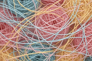 Colorful String Ball Cluster: A Textured Symphony of Blue, Pink, and Yellow Hues