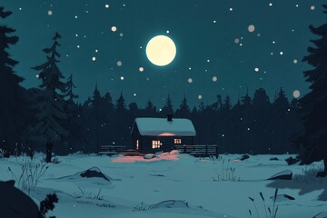 Moonlit cabin surrounded by animated snow falling in serene woodland setting, Animated snow fall over cabin in moon lit woods