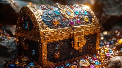 Ornate treasure chest, filled with jewels, sits amongst scattered gems, hinting at adventure and riches