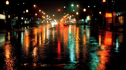 Wet Street at Night with Light Reflection