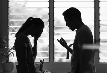 unhappy crying frightened woman, aggressive man quarreling at home. Angry husband emotionally arguing screaming shouting to scared wife psychological emotional abuse, domestic violence relationship	