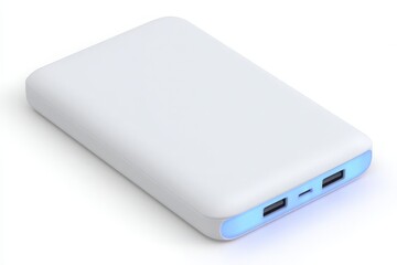 Fototapeta premium This portable power bank features a smooth white exterior, dual USB ports for charging multiple devices, and a compact design perfect for travel. Ideal for staying powered on the go.