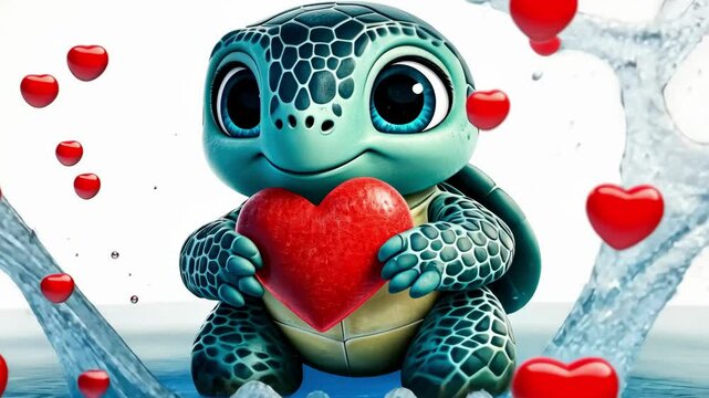Adorable cartoon turtle holding a red heart on water splash background. The 14th of February. Happy Valentine's Day