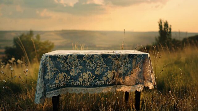 A blue tablecloth is spread out on a grassy field. The tablecloth is empty, and the field is empty except for a few trees. Scene is peaceful and serene, as the empty tablecloth