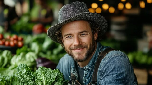Farmer's market smile: A sun-kissed farmer, donned in a stylish hat and denim overalls, radiates contentment and pride, surrounded by the vibrancy of fresh produce in an eye-level, unpretentious shot.