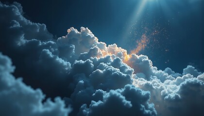 Naklejka premium Metallic Clouds Swirl Across Indigo Sky, Iridescent Light, Serene Otherworldly Atmosphere