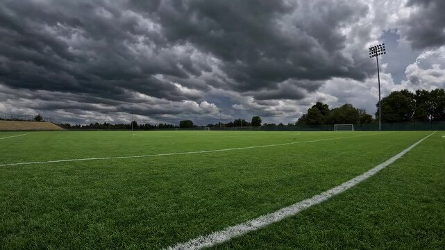 Dramatic clouds over a lush green soccer field: nature's dynamic display