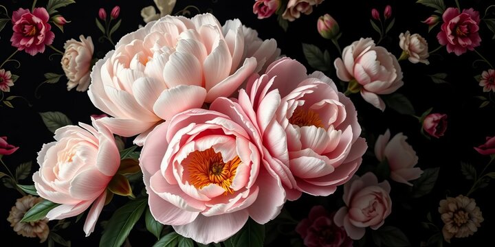 Fototapeta Vintage peonies bouquet, black baroque floral background Elegant old-fashioned wallpaper design, natural, black and white