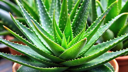 Fototapeta premium Close-up shot of a vibrant green aloe vera plant with spiky leaves in natural light