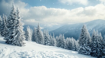 Snowy mountain range landscape under a bright sky.