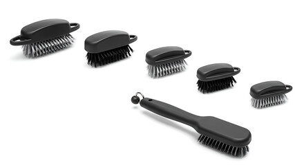 An assortment of black cleaning brushes, featuring various sizes and bristle types including wire and synthetic, is neatly arranged on a clean white background.
