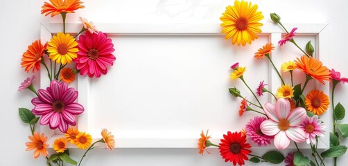 Obraz premium White frame adorned with vibrant flowers, centered on a clean background, vintage, blossom