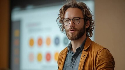 Explaining a Vision: A charismatic speaker, sporting a beard and glasses, delivers a passionate presentation to a focused audience.  His confident expression conveys expertise and engagement.