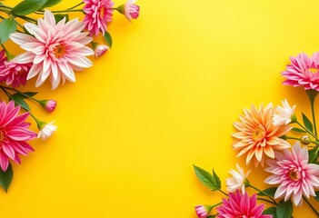 Obraz premium Yellow background, dahlia flower frame, springtime banner, ample copyspace, flower frame, bright yellow