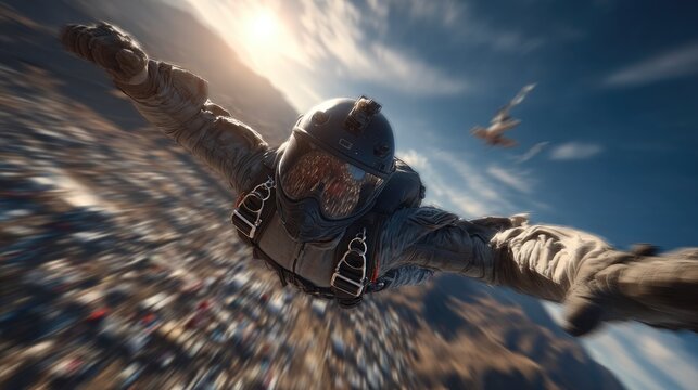 Skydiver in Freefall Above a Stunning Sunset Landscape