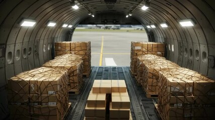 Boxes on pallets inside cargo plane. Concept of air freight, global trade, import and export distribution, delivery service and international shipment. - Powered by Adobe