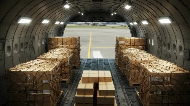Boxes on pallets inside cargo plane. Concept of air freight, global trade, import and export distribution, delivery service and international shipment.