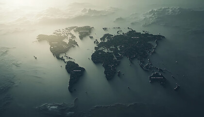 Global map with 3D relief, and sunrise.