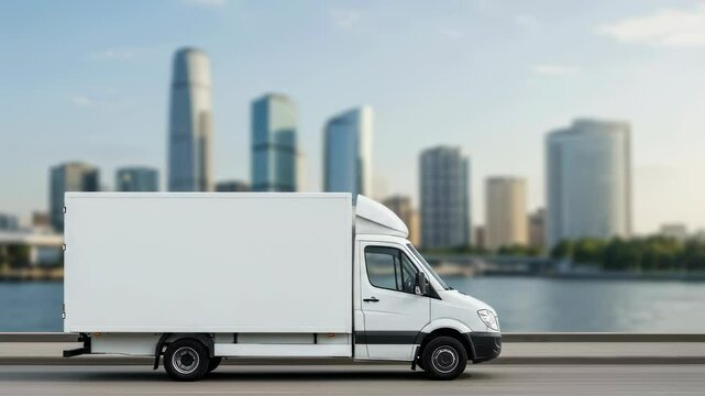 White delivery truck on asphalt road near urban skyline. Commercial vehicle with copy space driving along river with modern city landscape for logistics service.