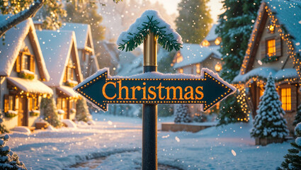 on the pole there is a direction arrow with the inscription Christmas against the backdrop of a winter town, sunny day