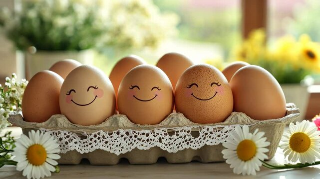 A tray of eggs with smiling faces on them. The eggs are arranged in a row and are placed on a table