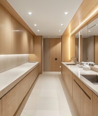 Elegant, modern hallway bathroom with light wood cabinetry.