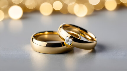 Shimmering golden wedding bands on muted grey surface with dreamy bokeh lighting, representing lifelong partnership, matrimonial bonds and elegant jewelry