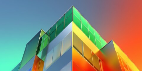 Fototapeta premium 3D high-tech smart building with shiny reflective glass panels, colorful gradient reflections