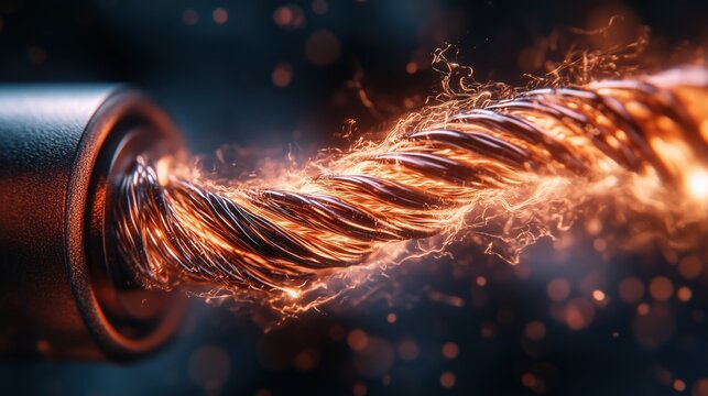 C&acirc;ble &eacute;lectrique sectionn&eacute; avec brins de cuivre torsad&eacute;s et effets lumineux simulant une conduction d&rsquo;&eacute;nergie