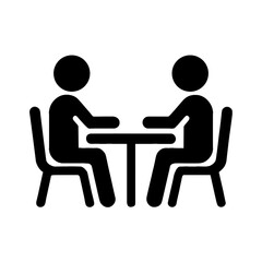 Fototapeta premium Black silhouette icon of two people sitting at a table facing each other, representing meeting, discussion, or interview concept