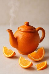 Orange tea: image shows a bright orange teapot stylized as an orange with steam rising from the spout, surrounded by fresh orange slices on a light background, symbolizing fragrant citrus tea.