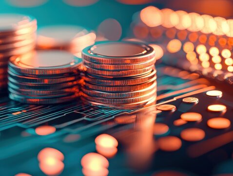Stacks of coins on a digital circuit board with glowing lights, symbolizing digital currency and modern finance.