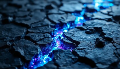 Iridescent Fractured Granite Texture: Electric Blue and Violet Light Within Dark Stone