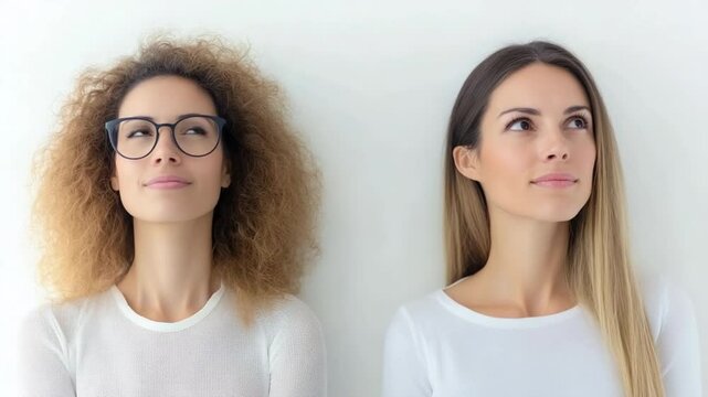 Visionary Duo: Two young women with different hair textures gaze skyward, their eyes filled with dreams, hopes and aspirations. A portrait of individuality, diversity.
