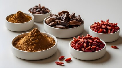 Obraz premium Healthy superfood ingredient collection with goji berries dates and powders is presented in white bowls for immune support and energy. Immune boosting ingredients